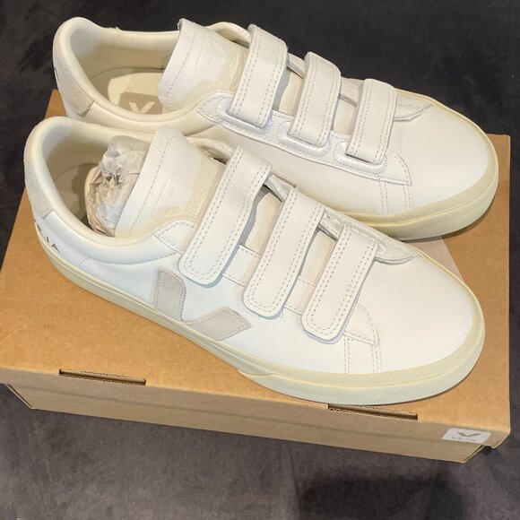 VEJA Women’s Recife White and Natural O.T. Leather Velcro Sneakers - Picture 5 of 6